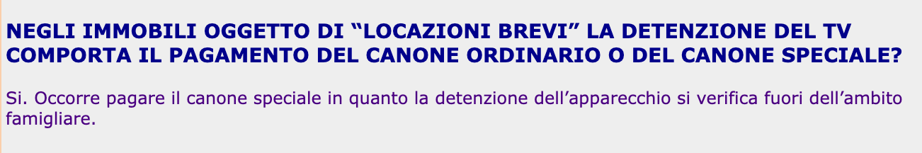 Entrano ufficialmente nelle FAQ RAI Canone speciale le locazioni brevi