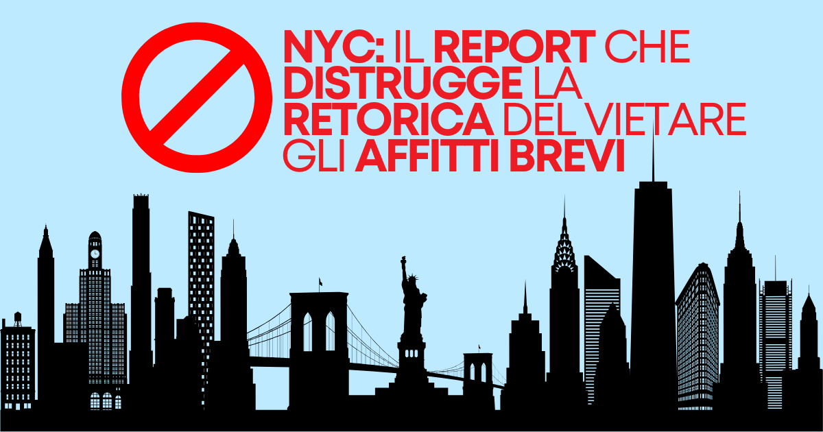 Foto di New York con skyline e Airbnb app sullo sfondo – simbolo del fallimento del ban sugli affitti brevi.